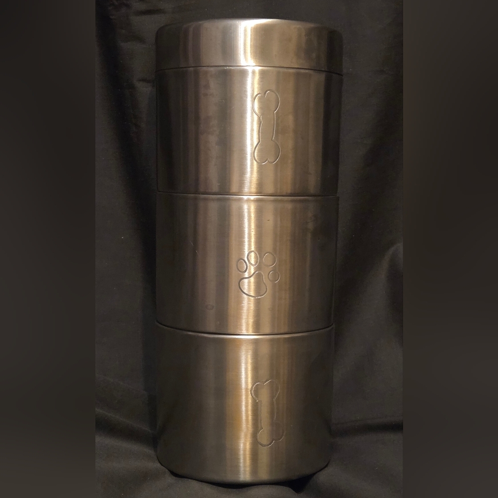 Vtg. 4pc Stainless Steel Dog Treat Canister 9x4"